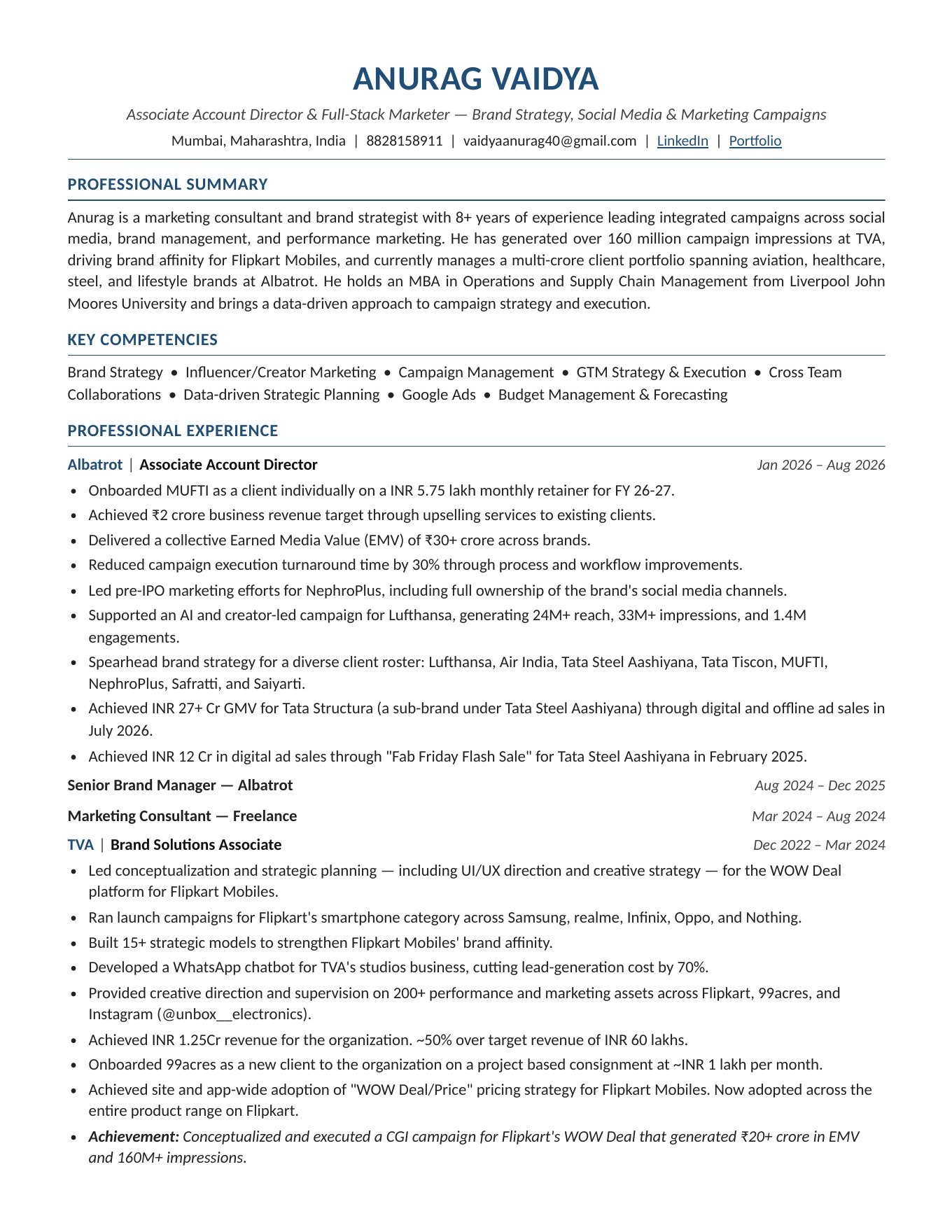 Anurag Vaidya CV, page 1 of 2