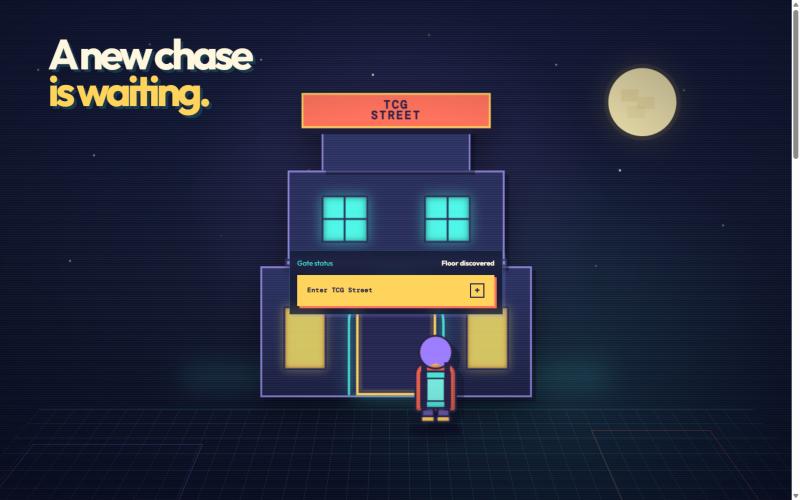 TCG Street's pixel-art storefront intro with the line 'A new chase is waiting'