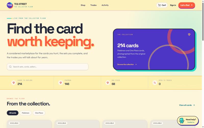 TCG Street home page: 'Find the card worth keeping' with collection counts