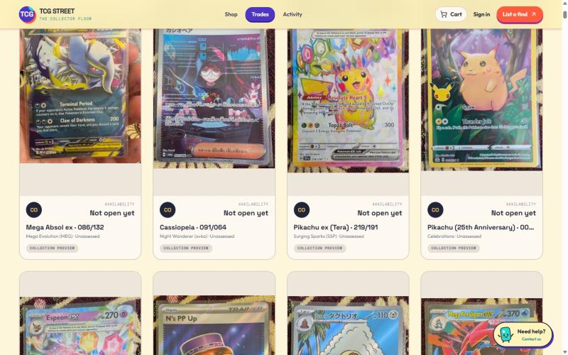 The trades page listing cards and whether they're open to offers